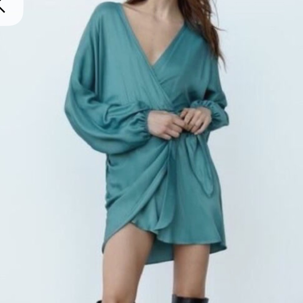 Zara Satin Teal Wrap Dress